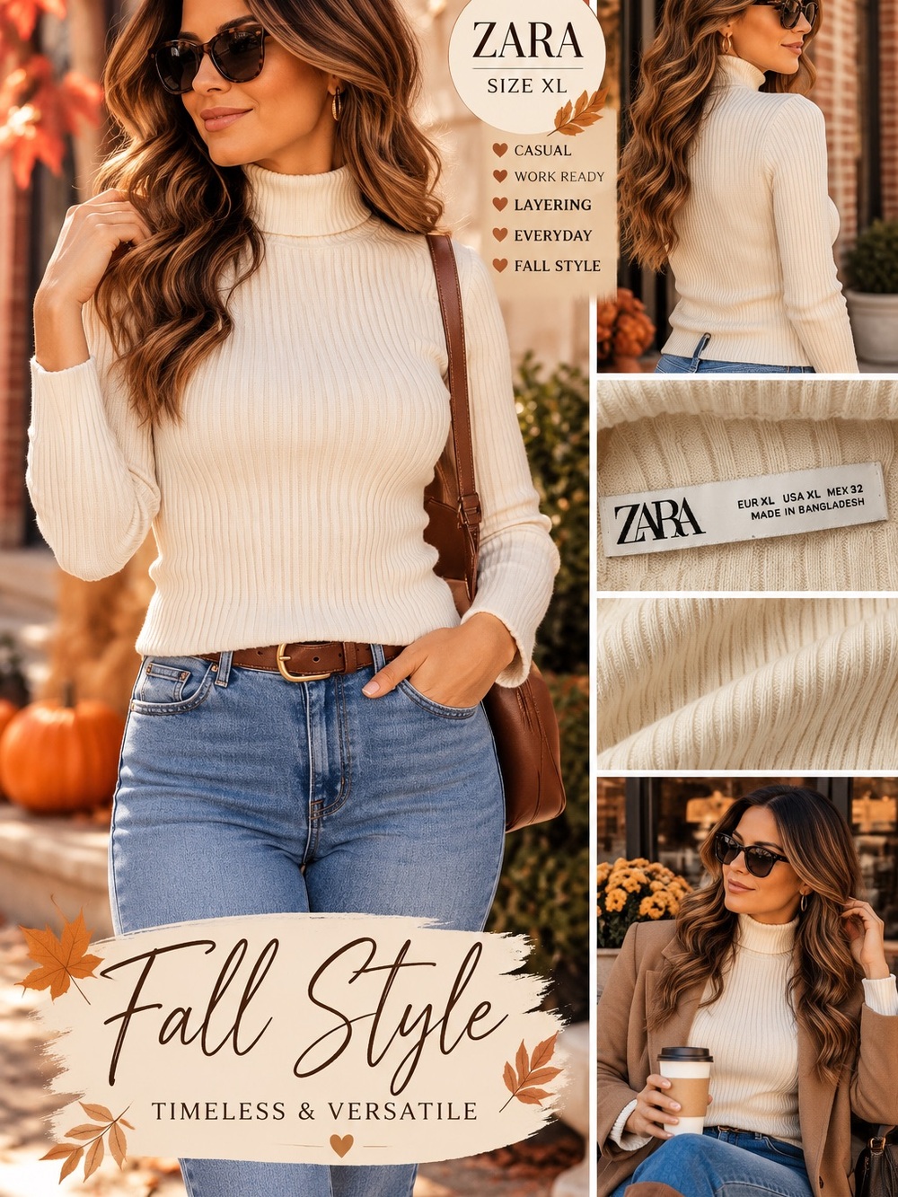 Zara Ribbed Turtleneck Sweater Women’s XL Cream Ivory Long Sleeve Fall Basic